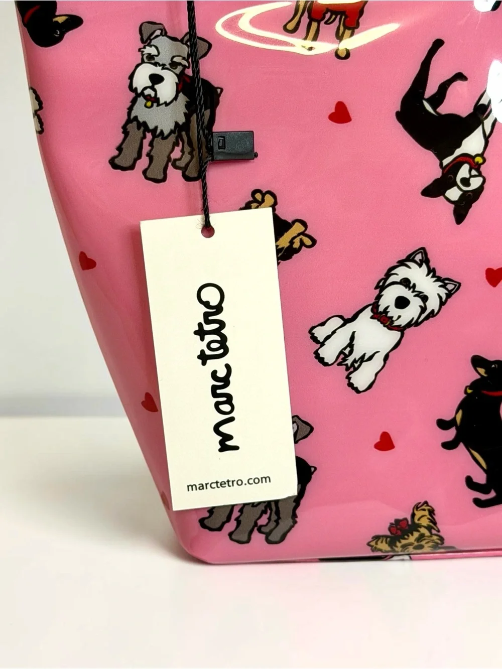 NWT Marc Tetro Pink Patent Multi Dog Print Cosmetic Bag Pouch Heart Zipper Pull